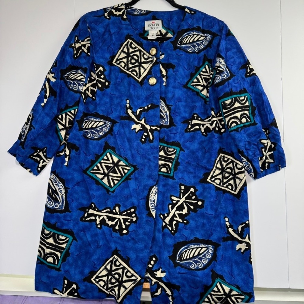 Vintage Robert Too! Women Blue Geometric Tribal Print Rayon Jacket Made in USA